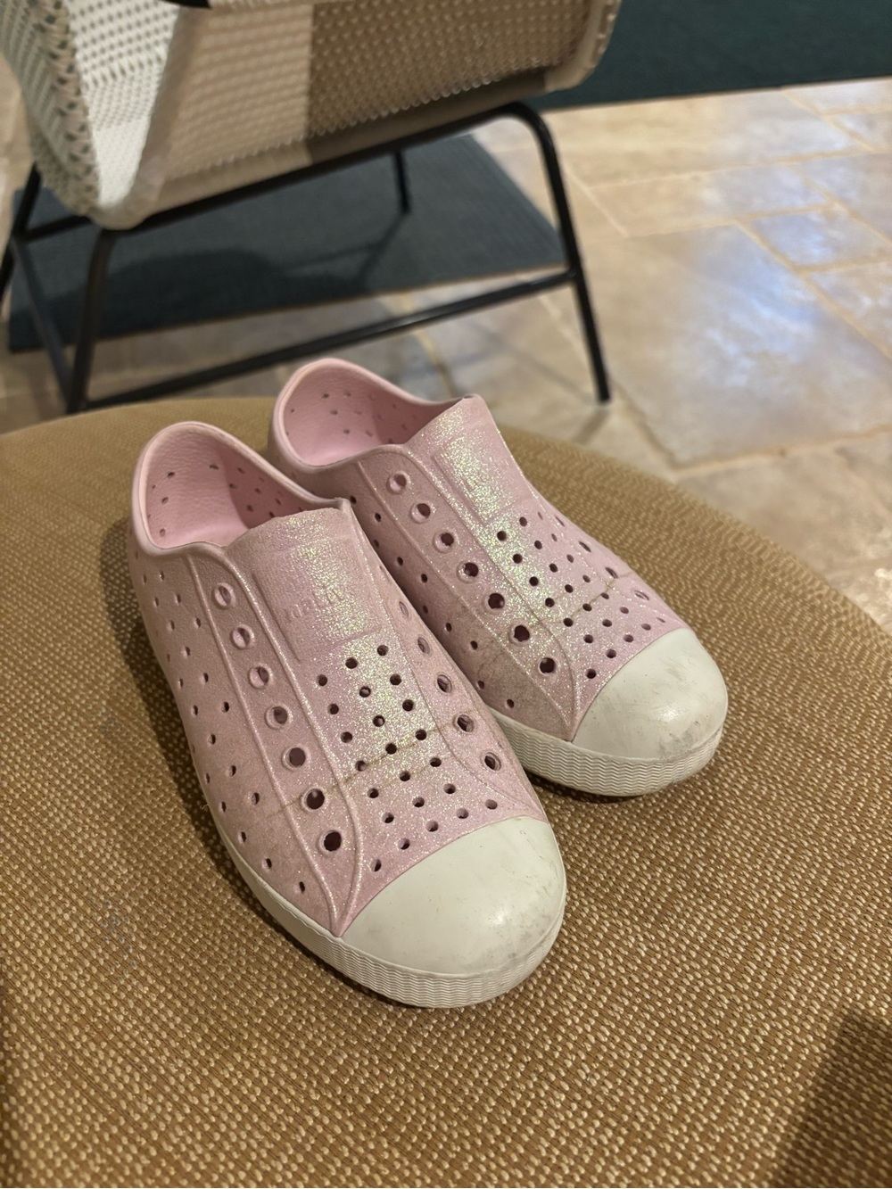 Native Jefferson Bling Kids Water Shoes in Shimmering Light Pink with White Toe